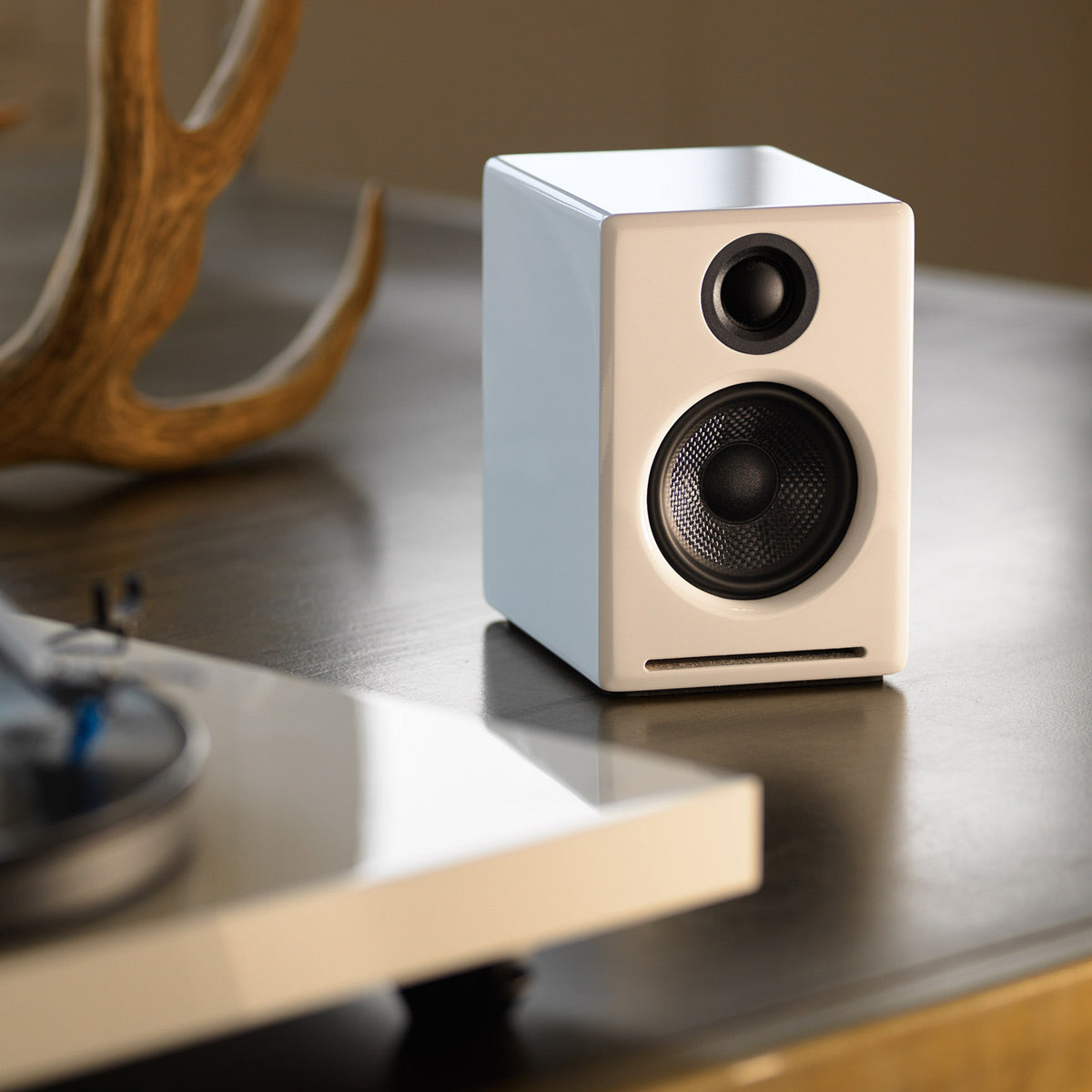 Audio-Technica AT-LP60X-GM Fully Automatic Belt-Drive Stereo Turntable (Gunmetal) with Audioengine A2+ Premium Powered Wireless Desktop Speakers - Pair (White)